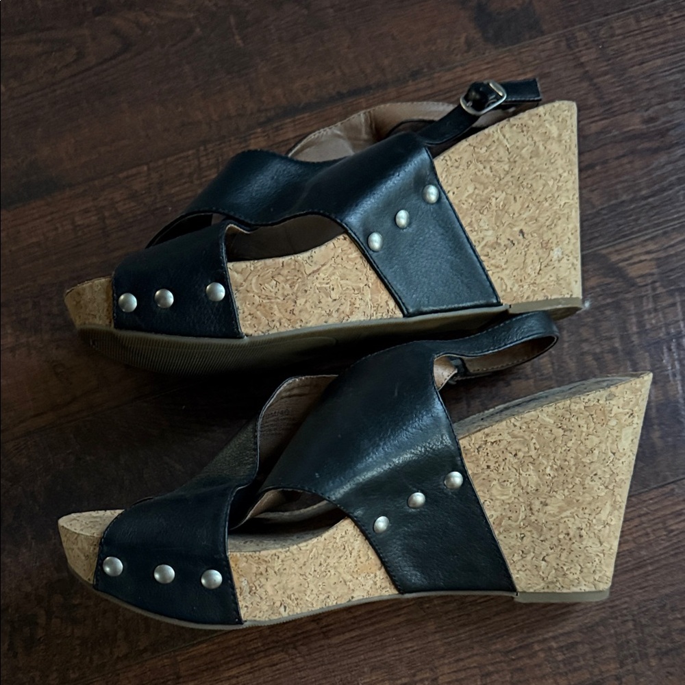 Lucky Brand Black Leather Wedges with Cork Platform